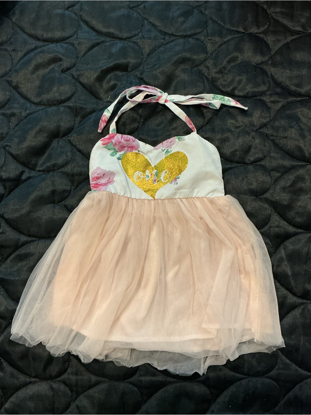 SHEIN White Floral Halter Dress with Pink Tulle and Gold Heart with the ONE